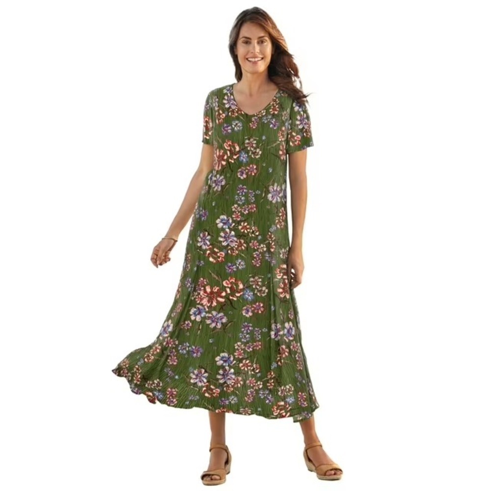 Woman Within Plus Size Short Sleeve Crinkle Maxi Dress Green Floral 4X Petite